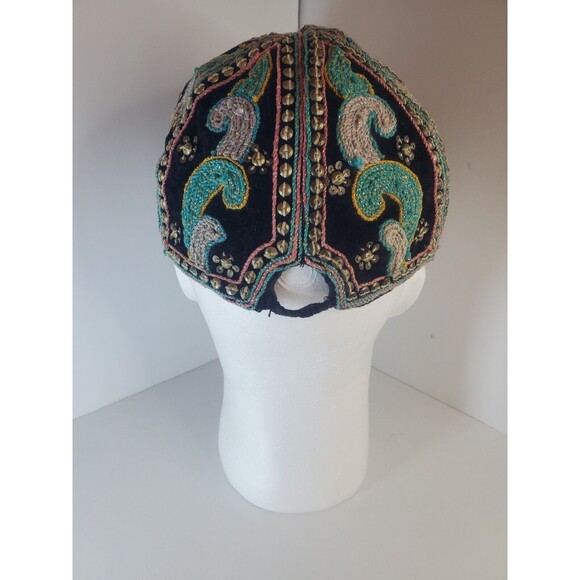 Vintage Womens Beaded Aplique Wide Brim Baseball Cap Hat Made In Burma Sz L